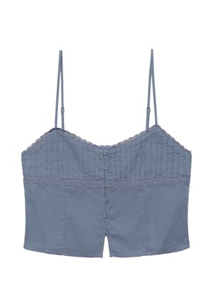 Haut bleu sans manches, court, avec bordure en dentelle, boutons sur le devant et fines bretelles réglables.