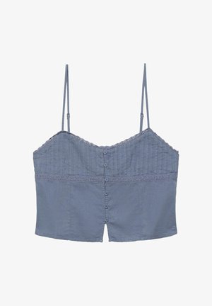 Top corto blu senza maniche con bordo in pizzo, chiusura frontale con bottoni e spalline sottili regolabili.