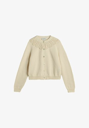 Flødefarvet cardigan med lange ærmer, knaplukning foran og indviklet blondeudsmykning omkring halsudskæringen.