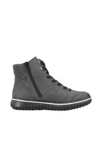 Bottines en cuir gris avec un col en tricot texturé, un design à lacets, une fermeture éclair sur le côté et des détails de semelle en caoutchouc robuste.