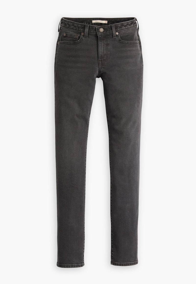 Jean slim gris foncé en denim, avec un design à cinq poches et des coutures détaillées le long des coutures et des poches.