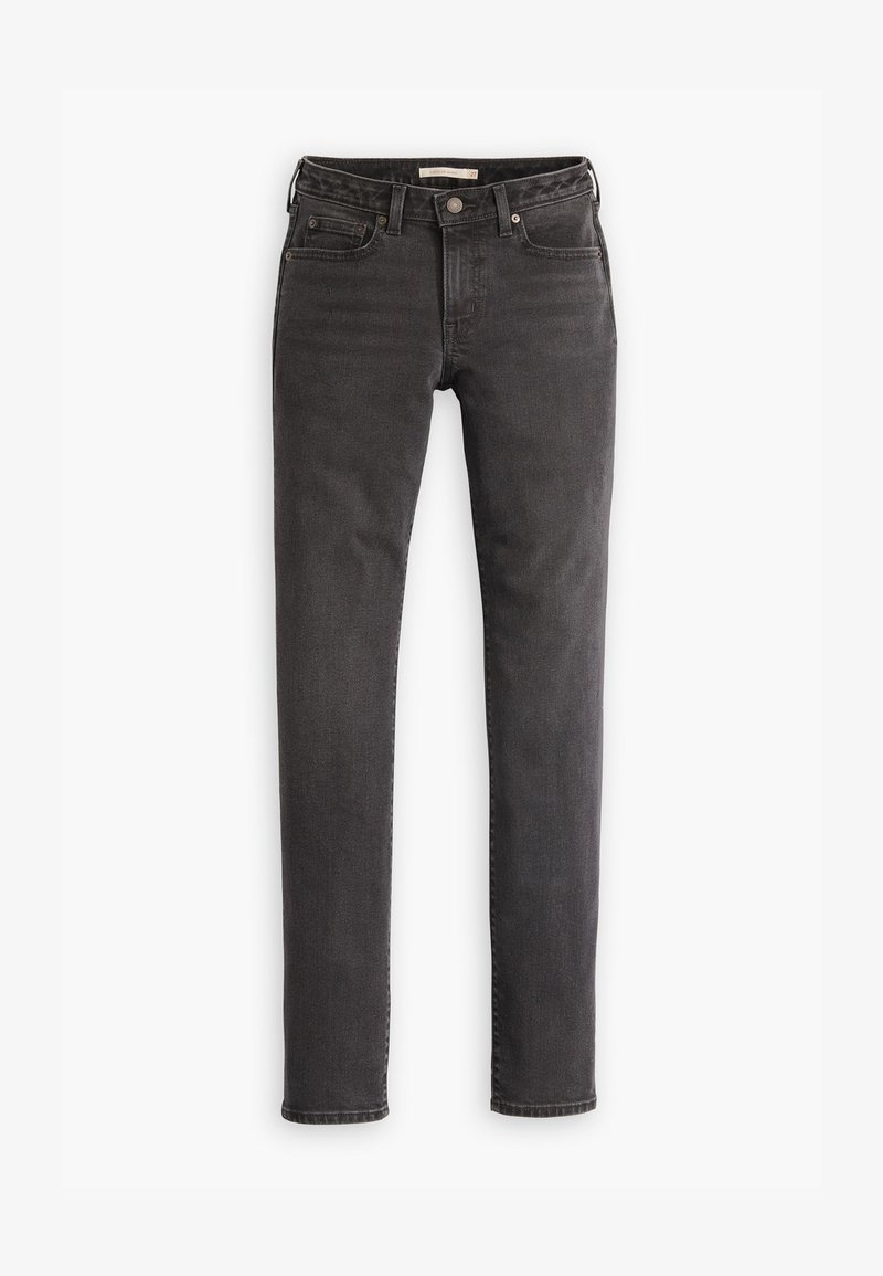 Mørkegrå slim-fit jeans lavet af denim, med en fem-lomme design og syet detaljer langs sømmene og lommerne.