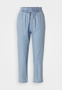 Ljusblåa avslappnade byxor med elastisk midja och dragsko, med en mjuk textur och cropped längd vid anklarna.