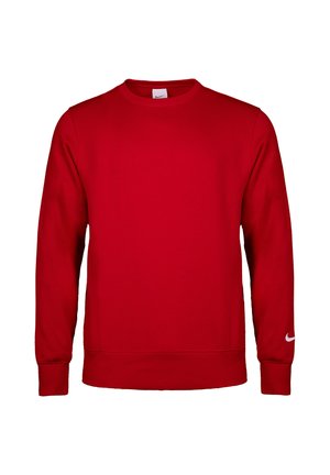 Rotes Nike Sweatshirt mit langen Ärmeln, Rundhalsausschnitt, gerippten Bündchen und einem kleinen weißen Nike-Logo am linken Ärmel nahe dem Handgelenk.