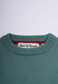 Grüner Strickpullover mit rundem Halsausschnitt, gerippten Kanten und einer strukturierten Oberfläche. Mit einem Etikett, das in einer kontrastierenden Farbe "Band of Rascals" liest.