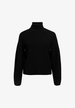 Black knit sweater with a high neck, ribbed texture, and wide sleeves. Features a relaxed fit and structured pattern detailing.