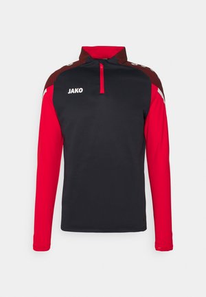 Schwarz und rot gestreiftes Sporthemd mit langen Ärmeln und Reißverschlusskragen; verfügt über ein strukturiertes Muster an den Schultern und ein weißes Logo auf der Brust.