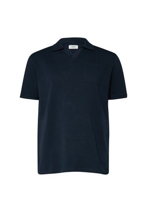 Polo bleu marine foncé à manches courtes en tissu texturé, col en V et poche poitrine, présenté sur fond blanc.