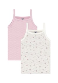 Δύο μπλουζάκια χωρίς μανίκια: ένα μονόχρωμο ανοιχτό ροζ με υφή, και ένα λευκό με μικρό λουλουδάτο μοτίβο. Και τα δύο έχουν λεπτές τιράντες και απαλό ύφασμα.