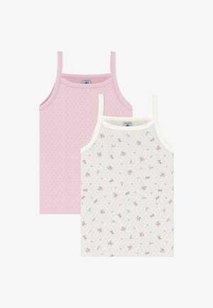 Kaksi hihattomaa toppia: toinen sileä vaaleanpunainen, jossa teksturoitu kuvio, toinen valkoinen, jossa pieni kukkakuvio. Molemmissa on ohuet olkaimet ja pehmeä kangas.