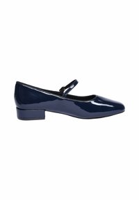 Ballerine in pelle verniciata blu navy con punta arrotondata, tacco basso e una fascia sopra il collo del piede per una calzata sicura.