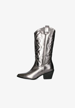 Stivale da cowboy argentato metallizzato con punta affilata, intricate cuciture decorative e un piccolo tacco a blocco; presenta un'asola nella parte superiore per facilitare l'indossamento.