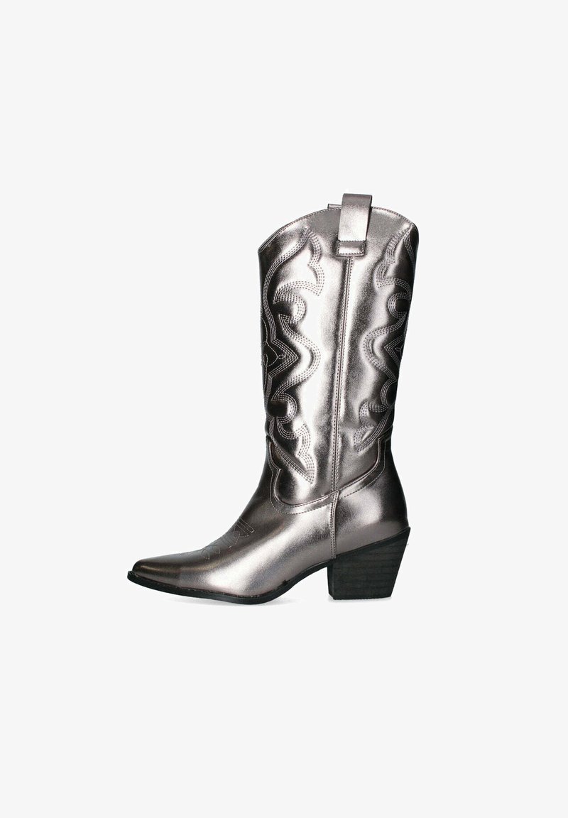 Stivale da cowboy argentato metallizzato con punta affilata, intricate cuciture decorative e un piccolo tacco a blocco; presenta un'asola nella parte superiore per facilitare l'indossamento.