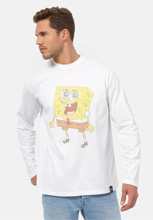 White long-sleeve t-shirt featuring a large, colorful SpongeBob SquarePants graphic on the front. Soft cotton material, relaxed fit.