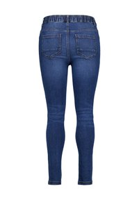 Jean skinny en denim avec un délavage bleu foncé, taille élastique et deux poches arrière ; texture lisse et coupe ajustée sur l'ensemble des jambes.