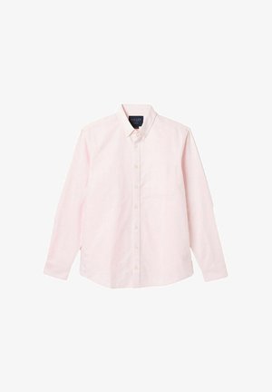 Jasnoróżowa, długiego rękawa, zapinana na guziki koszula z bawełny, z kieszonką na lewej piersi i klasycznym kołnierzykiem z pasującymi guzikami.