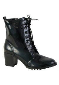 Bottines noires brillantes à talon carré, avec un laçage sur le devant, bout rond et semelle texturée pour une bonne adhérence.