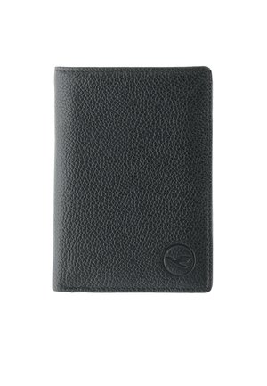 Black textured leather passport holder with embossed logo of a bird in a circle on the bottom right corner.