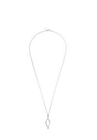 Zilveren ketting met een fijne schakel en een abstracte bladvormige hanger versierd met kleine heldere stenen, met een gladde metallic textuur.