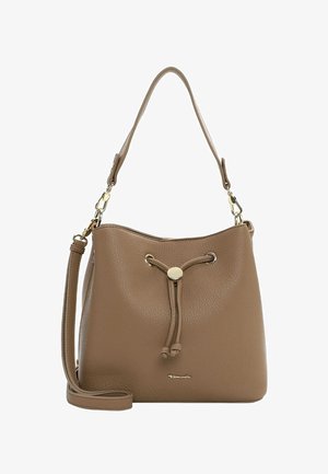 Brown leather bucket bag with a textured finish, drawstring closure, gold-tone hardware, and an adjustable strap for shoulder or crossbody wear.