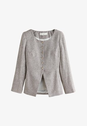 Pelēka zivju kaula raksta garroku jaka ar apaļu apkakli, pieciem dekoratīviem pogām un priekšpusē izvēršamu atvērumu.