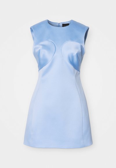 Vestido de cetim azul com uma silhueta ajustada. Apresenta ombros estruturados, costuras do busto curvas e um decote redondo. Fecho de correr nas costas.