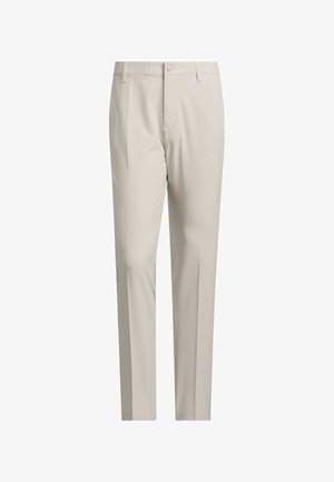 Beżowe spodnie chino o prostym kroju nogawki, wykonane z lekkiego materiału o gładkiej fakturze, z zapięciem na guzik z przodu i subtelnym kantem.