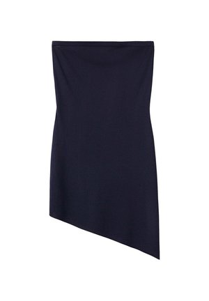 Granatowa asymetryczna spódnica z prostym paskiem i ukończym dołem, dłuższa po jednej stronie, pokazana na białym tle.