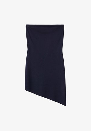 Marineblauwe asymmetrische rok met een rechte tailleband en een diagonale zoom, aan één kant langer, weergegeven op een witte achtergrond.