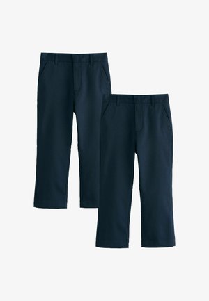 Dos pares de pantalones azul marino de pierna recta con trabillas para cinturón y bolsillos laterales, mostrados planos sobre un fondo blanco.