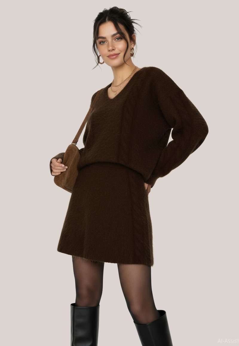 Femme portant un ensemble pull et jupe marron duveteux, des bottes noires montantes, tenant un sac à épaule marron, avec les cheveux relevés et des bijoux en or.