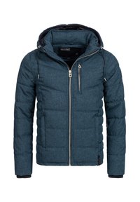 Doudoune matelassée bleue pour homme avec capuche, fermeture éclair devant, poche zippée sur la poitrine et cordons de capuche réglables.