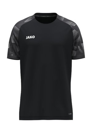 Camiseta deportiva negra con mangas estampadas en gris oscuro y logo blanco de JAKO en el pecho izquierdo, mangas cortas y cuello redondo.