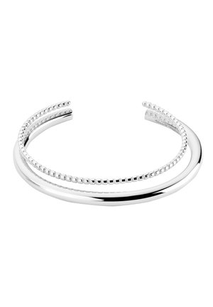 Open silver cuff bracelet with two parallel bands, one smooth and one textured with square beads, shown against a white background.