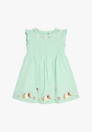 Roheline gingham-kleit frill-särkidega, millel on lilleline tikand ja kaks merisea kujundit hõlma lähedal. Puuvillane kangas, A-line kuju.