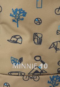 Beige fabric with blue and navy patterns featuring trees, bicycles, caps, basketballs, tents, and a magnifying glass, labeled "MINNIE 10."