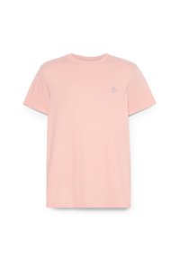 Lichtroze katoenen T-shirt met korte mouwen, ronde hals en een klein logodetail op de linkerborst. Eenvoudig, onversierd ontwerp.
