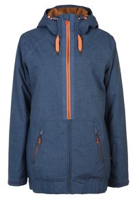Niebieska kurtka z kapturem z pomarańczowymi zamkami i sznureczkami. Posiada dwie przednie kieszenie na zamek, fakturowany materiał oraz elastyczne mankiety.