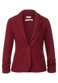 Vínové sako z měkké látky s dlouhými rukávy, klopami s výřezem, zapínáním na jeden knoflík a dvěma předními kapsami. Hladká textura po celém povrchu.