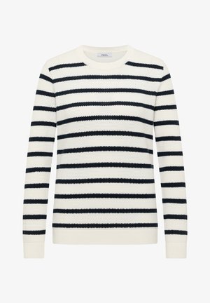 Suéter a rayas en crema y azul marino, con cuello redondo y mangas largas. Tejido de punto texturizado con franjas anchas y estrechas alternadas.