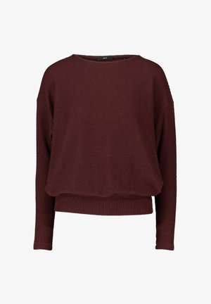 Bordeauxfarbener, gestrickter Pullover mit langen Ärmeln in lockerer Passform, mit gerippten Bündchen, Saum und rundem Ausschnitt.
