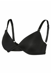 Black wireless bra made of smooth fabric, featuring triangular cups, adjustable straps, and a seamless design for comfort.