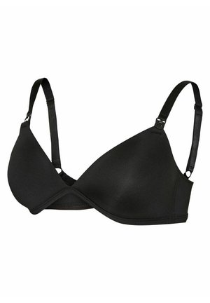 Soutien-gorge sans fil noir en tissu lisse, doté de bonnets triangulaires, de bretelles réglables et d'un design sans couture pour le confort.