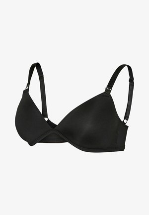 Black wireless bra made of smooth fabric, featuring triangular cups, adjustable straps, and a seamless design for comfort.