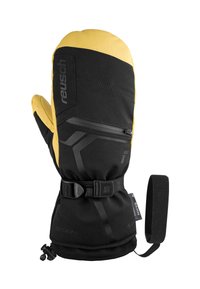 Mittens isolate nere e gialle con esterno in softshell, cinturino regolabile al polso e tasca con zip sul retro per lo stoccaggio.