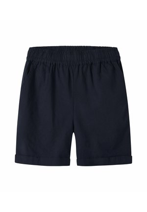 Marineblaue Freizeithosen mit elastischem Bund, seitlichen Taschen und aufgerollten Bündchen, entworfen für Komfort und den täglichen Gebrauch.