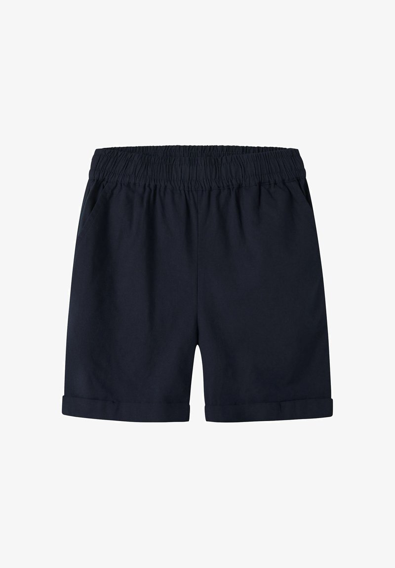 Shorts décontractés bleu marine avec taille élastique, poches latérales et revers roulés, conçus pour le confort et un port quotidien.