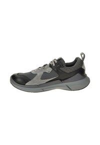 Sport shoes with a mix of black leather, gray suede, and mesh; features a cushioned sole, lace-up design, and rear pull tab for easy wear.