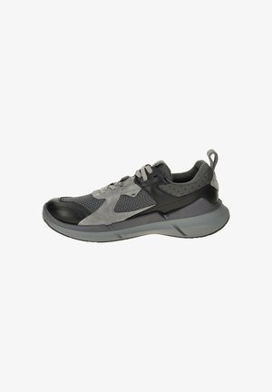 Sport shoes with a mix of black leather, gray suede, and mesh; features a cushioned sole, lace-up design, and rear pull tab for easy wear.