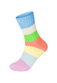 Pestré bavlněné ponožky se vodorovnými pruhy v modré, zelené, oranžové, žluté a růžové barvě, s žebrovanou texturou a výškou nad kotníky.